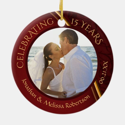 15. oder 40. Jubiläum Foto Ruby Red Gold Keramik Ornament (Hinten)