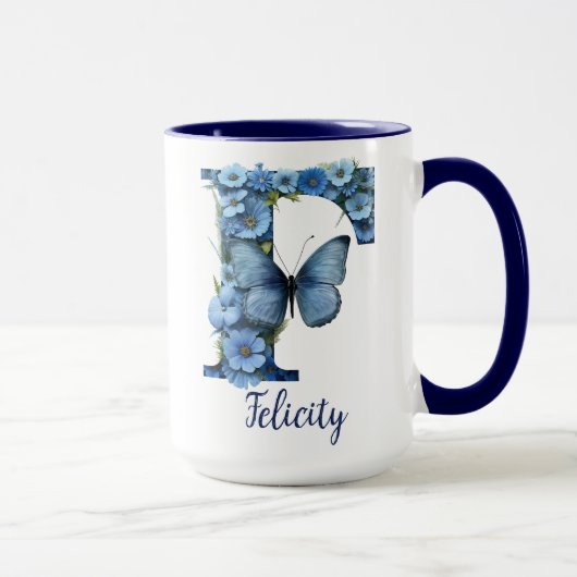15 oz Floral Blue Mit Monogramm Coffee Tasse (Rechts)