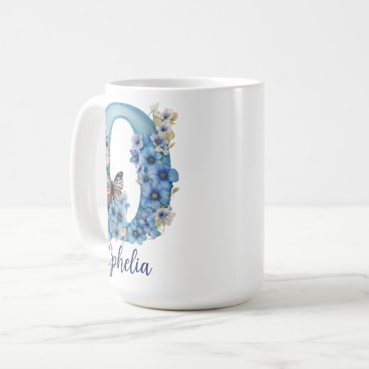 15 oz Floral Blue Mit Monogramm Coffee Tasse (Vorderseite Links)