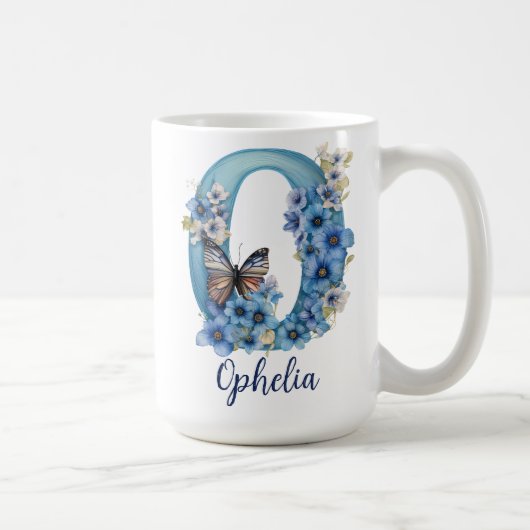 15 oz Floral Blue Mit Monogramm Coffee Tasse (Rechts)