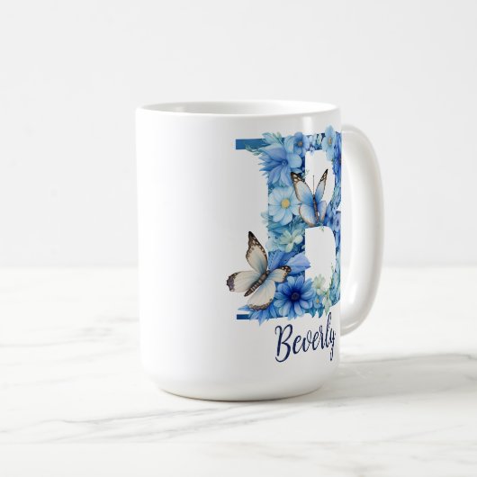 15 oz Floral Blue Mit Monogramm Coffee Tasse (VorderseiteRechts)