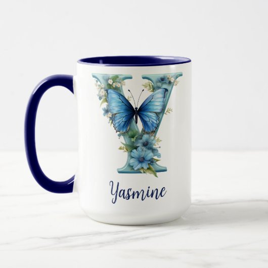 15 oz Floral Blue Mit Monogramm Coffee Tasse (Links)