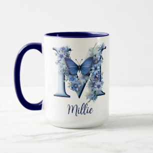 15 oz Florale blaue monogrammierte Kaffeetasse