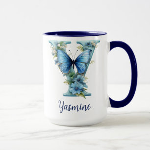15 oz Florales Blaues Monogramm-Kaffeetasse Tasse