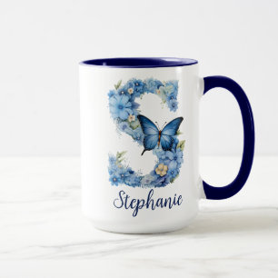 15 oz Florales Blaues Monogramm-Kaffeetasse Tasse