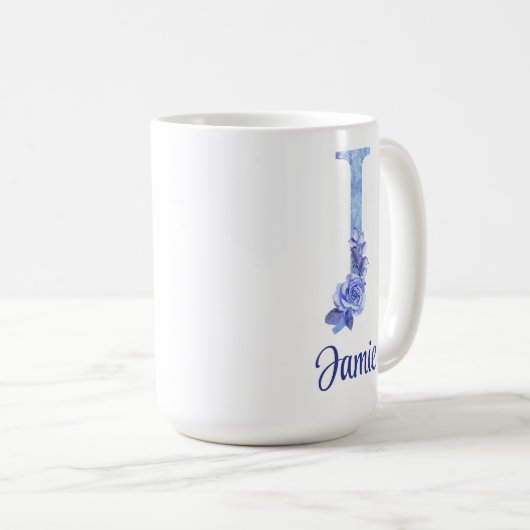 15 oz Mit Monogramm Aquarellfarben-Blues und Blume Kaffeetasse (VorderseiteRechts)