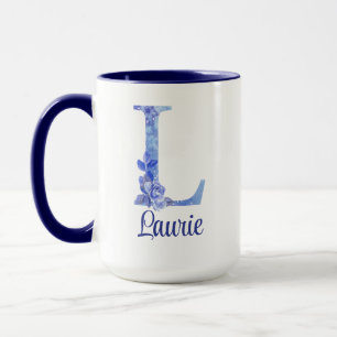 15 oz Mit Monogramm Aquarellfarben-Blues und Blume Tasse