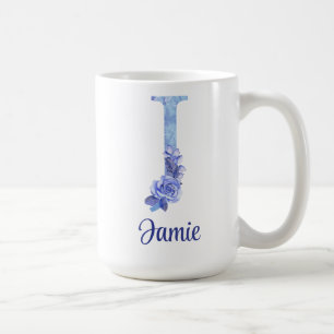 15 oz monogrammiertes Watercolor Blues und Floral Kaffeetasse