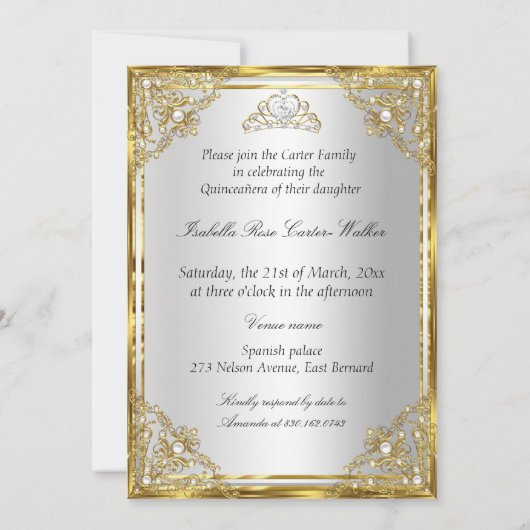 15. Pearl Gold White Quinceanera Tiara Kutsche Einladung (Rückseite)