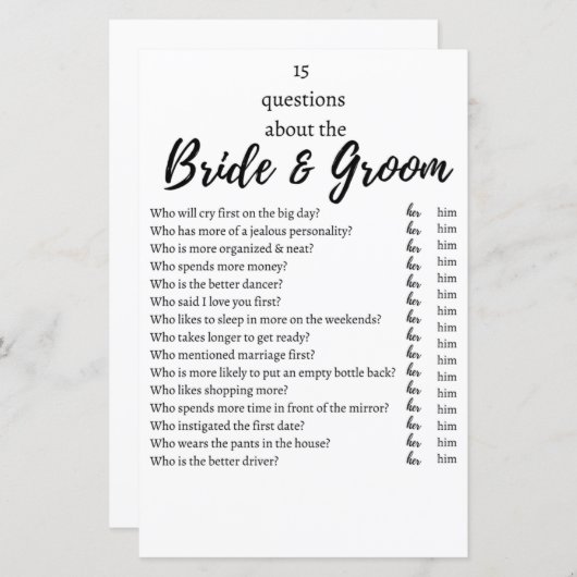 15 Questions About the Bride & Groom Wedding Game  (Vorne/Hinten)