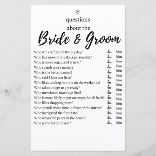 15 Questions About the Bride & Groom Wedding Game (Vorderseite)