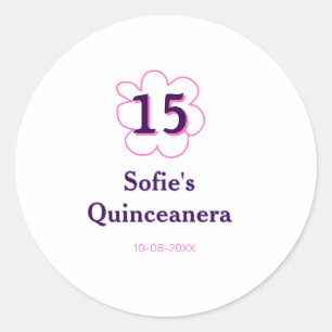 15. Quinceanera Happy Geburtstag rosa lila Datum Runder Aufkleber