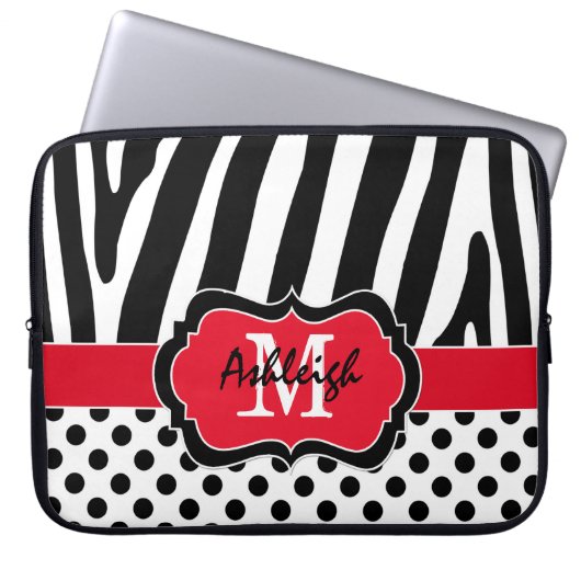15" Red Black Zebra Stripes Polka Dots Laptop Case (Vorderseite)