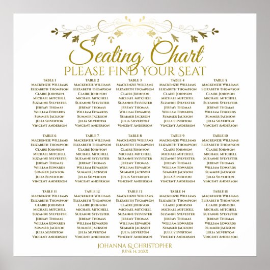 15 schlichte Gold White Wedding Seating Chart Poster (Vorne)