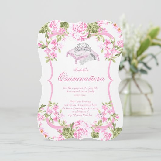 15. Sweet Pink Roses Blume Quinceanera Einladung (Stehend Vorderseite)