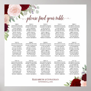 15 Tabelle Burgundy Red & Pink Roses Seating Chart Poster