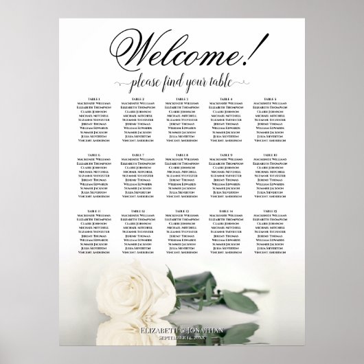 15 Tabelle Elegant White Rose Hochzeitstabelle Poster (Vorne)