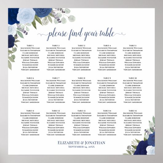 15 Tabelle Elegante blaue Rose Hochzeitstabelle Poster (Vorne)