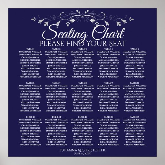 15 Table Elegant Navy Blue Wedding Seating Chart Poster (Vorne)