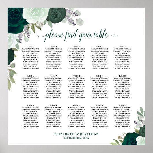 15 Table Emerald Rose Chic Wedding Seating Chart Poster (Vorne)