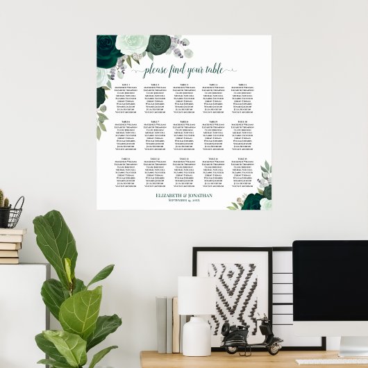 15 Table Emerald Rose Chic Wedding Seating Chart Poster (Heimbüro)
