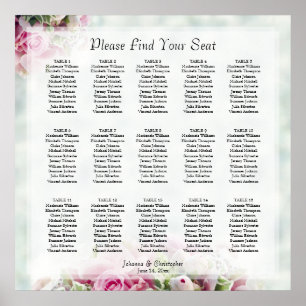 15 Table Pink Roses & Peony Wedding Seating Chart Poster