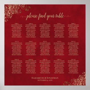 15 Table Wedding Seating Chart Gold Lace on Red Poster