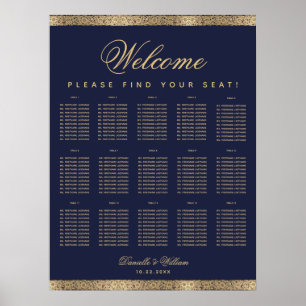 15 Tisch Elegante Navy Blau Gold Sitzordnung Poster