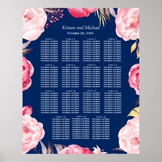 15 Tische Rosa Blumenkreide Hochzeitstabelle Poster (Vorne)