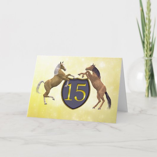 15 years old birthday card with rearing horses karte (Vorderseite)