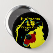 15 Years Old, Happy Yellow Dog Button Pin (Vorne & Hinten)