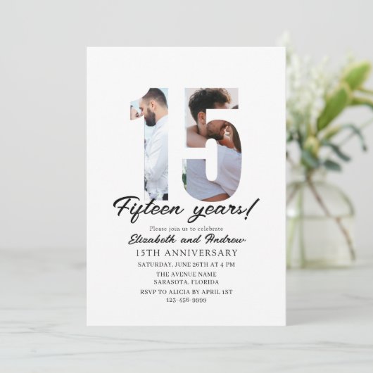 15th Anniversary with Photo Minimalist Einladung (Stehend Vorderseite)