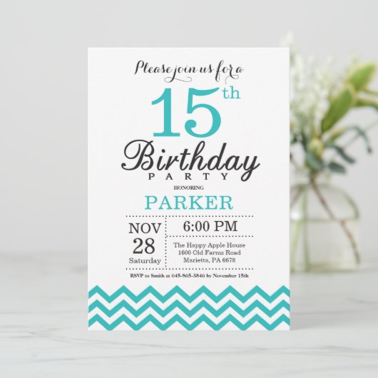 15th Birthday Invitation Teal Chevron Einladung (Stehend Vorderseite)
