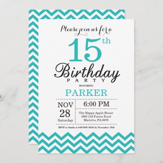 15th Birthday Invitation Teal Chevron Einladung (Vorne/Hinten)
