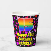 15th Birthday: Loving Hearts Pattern, Rainbow 15 Pappbecher (Rückseite)