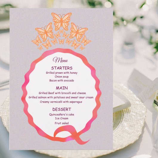 15th Birthday Quinceanera Butterfly Crown Squiggle Menükarte