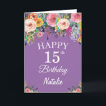 15th Birthday Watercolor Floral Flowers Purple Karte<br><div class="desc">15th Birthday Watercolor Floral Flowers Purple Card with personalized name and age. For further customization,  please click the "Customize it" button and use our design tool to modify this template.</div>
