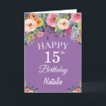 15th Birthday Watercolor Floral Flowers Purple Karte<br><div class="desc">15th Birthday Watercolor Floral Flowers Purple Card with personalized name and age. For further customization,  please click the "Customize it" button and use our design tool to modify this template.</div>