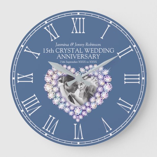 15th Crystal Wedding Anniversary photo heart Große Wanduhr (Vorderseite)