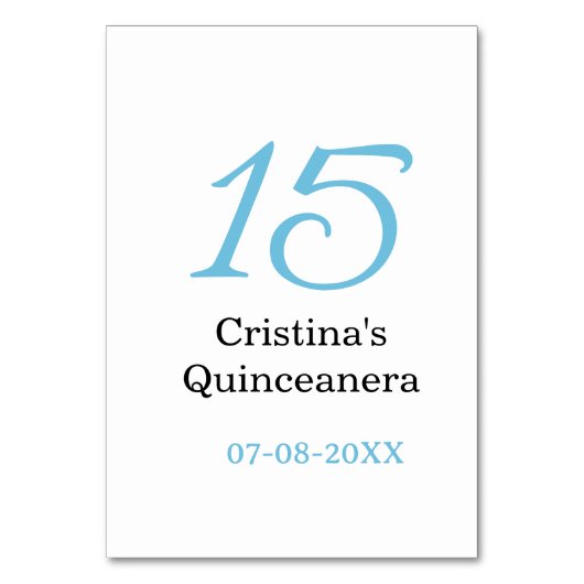 15th quinceanera birthday blue black bold letter n tischnummer (Vorderseite)