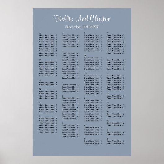 160 Blue Simple Wedding Seating Chart Poster (Vorne)