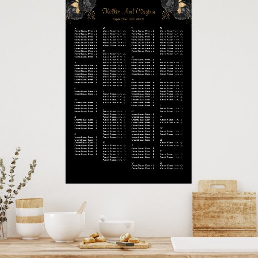 160 Schwarz-Gold-Blumen-Hochzeitstabelle Poster (Küche)