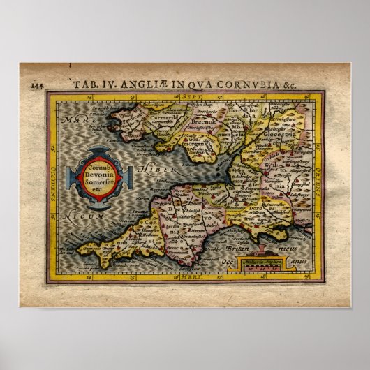 1610 Karte von Cornwall, Devon, Somerset, etc... Poster (Vorne)