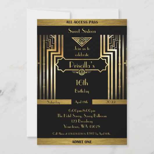 16., 16. Geburtstag, Gatsby-Stil, schwarz & gold Einladung (Vorderseite)