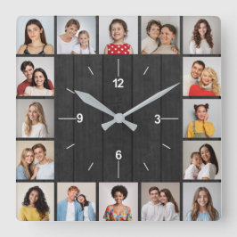 16 Foto Collage Dunkelgraue Holzzaun Quadratische Wanduhr