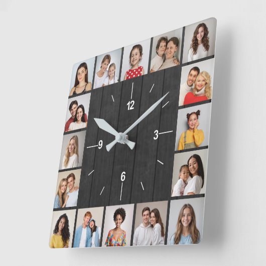 16 Foto Collage Dunkelgraue Holzzaun Quadratische Wanduhr (Winkel)