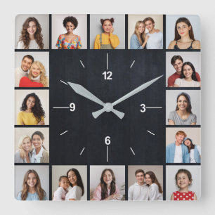 16 Foto Collage Dunkle Imitate Holzzaun Quadratische Wanduhr