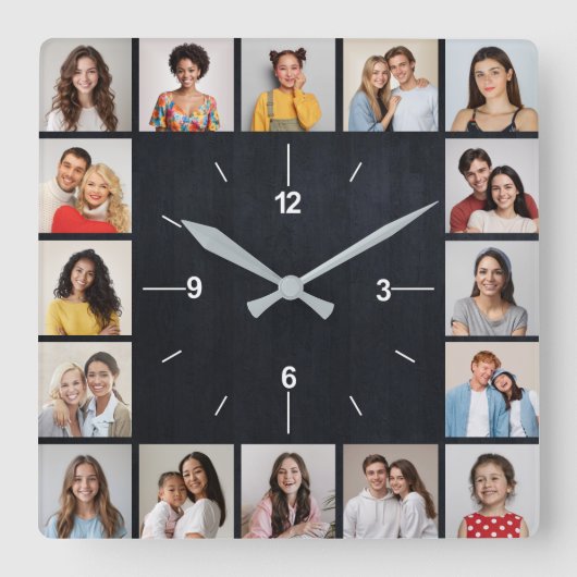 16 Foto Collage Dunkle Imitate Holzzaun Quadratische Wanduhr (Vorderseite)