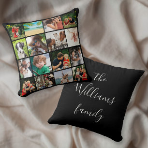 16 Foto-Collage Familienname in Schreibschrift Kissen