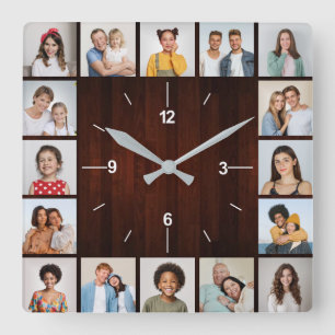 16 Foto-Collage Rote Faux-Holzzaun Quadratische Wanduhr